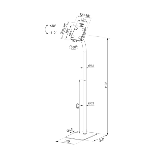 Neomounts by Newstar FL15-625BL1 tablet floor stand  General Min. screen size* : 7,9 inch Max. screen size* : 11 inch Max. weight : 1 kg Screens : 1  Functionality Type : Tilt, Rotate  Tilt (degrees) : +20°, -110°  Rotate (degrees) : 360°  Height : 123,8 