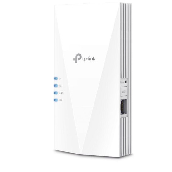 TP-link AX1800 Wi-Fi6 Range Extender, RE600X, Dual-Band, Standarde wireless: IEEE 802.11a/n/ac/ax 5GHz, IEEE 802.11b/g/n/ax 2.4GHz, interfata: 1 x 10/100/1000, Dimensiuni: 78×36×149 mm, 2 x antene interne, viteza wireless: 574 Mbps la 2.4GHz, 1201 Mbps la