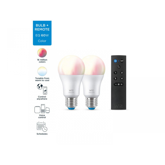 Pachet 2 Becuri LED RGB inteligente WiZ Connected Colors A60, Wi-Fi, E27, 8W (60W), 806 lm, lumina alba si color (2200-6500K) + Telecomanda