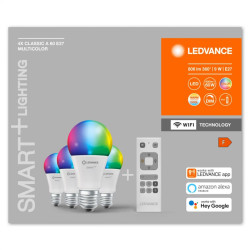 Pachet 4 Becuri LED RGB inteligente Ledvance SMART+ WiFi Classic Multicolour A, E27, 9W (60W), 806 lm, lumina alba si color (2700-6500K) + Telecomanda, fara baterii