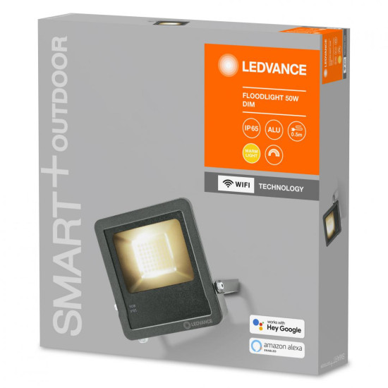 Proiector LED inteligent Ledvance SMART+ WiFi DIMMABLE, 50W, 220-240V, 4000 lm, lumina calda (3000K), IP65/IK05, dimabil, 237x200x36mm, aluminiu, Gri