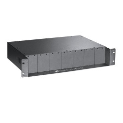 TP-Link sasiu rackmount, 14 sloturi, 2 ventilatoare, sursa 100-240VAC, 50/60Hz, dimensiuni: 482*309*86 mm.
