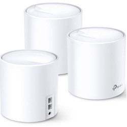 TP-Link AX3000 whole home mesh Wi-Fi 6 System, Deco X60(3-pack);  Standarde Wireless: IEEE 802.11 ax/ac/n/a 5 GHz, IEEE 802.11 ax/n/g/b 2.4 GHz, 2 LAN/WAN Gigabit Ethernet Ports, Qualcomm 1 GHz Quad-core CPU, 4 internal antennas per Deco unit, 2402 Mbps (