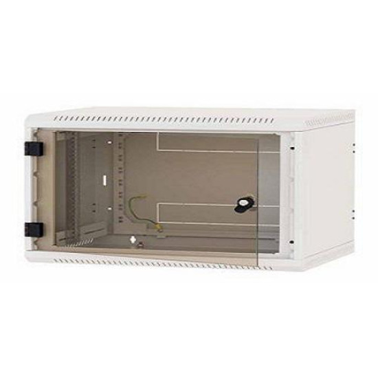 Rack de perete Triton sectiune simpla 4U 400mm adancime usa sticla panouri laterale fixe sectiuni, sectiuni acces cabluri sus/jos/spate securizare cu cheie, 1 pereche montanti reglabili IP30 gri