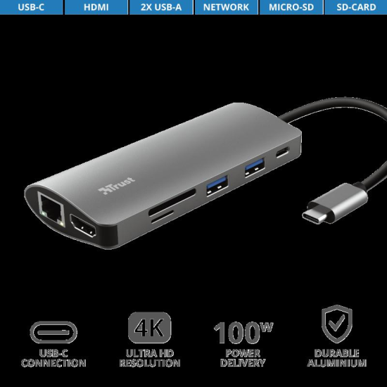 Hub USB Trust Dalyx, 7 porturi USB-C, negru Hub USB Trust Dalyx, 7 porturi USB-C, negru