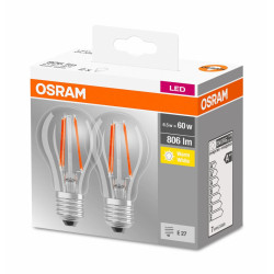 2 Becuri LED Osram Base Classic A, E27, 7W (60W), 806 lm, lumina calda (2700K), cu filament