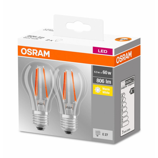 2 Becuri LED Osram Base Classic A, E27, 7W (60W), 806 lm, lumina calda (2700K), cu filament