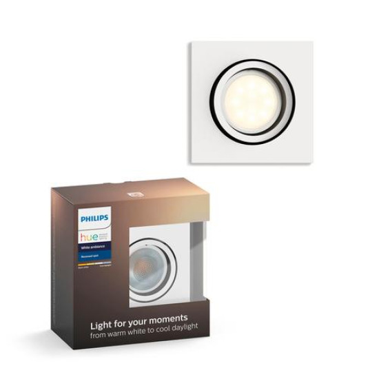 Spot LED incastrat patrat Philips Hue Milliskin, Bluetooth, GU10, 5.5W (25W), 250 lm, lumina alba (2200-6500K), IP20, 9cm, Alb