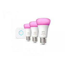 Pachet 3 Becuri LED RGB inteligente Philips Hue A60, Bluetooth, E27, 9W (75W), 1100 lm, lumina alba si color (2000-6500K) + Consola Hue Bridge