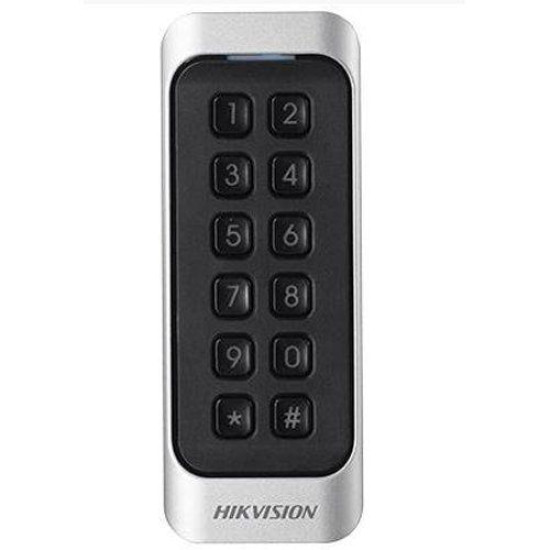 Cititor card cu tastatura Hikvision DS-K1107AMK, citeste carduri Mifare 13.56 MHz, distanta citire: ≤ 50 mm, RS-485, Wiegand (W26/W34) protocol si protocol OSDP, Watchdog, Keypad cu 12 butoane,  indicator de stare si alimentare, buzzer incorporat, tamper,