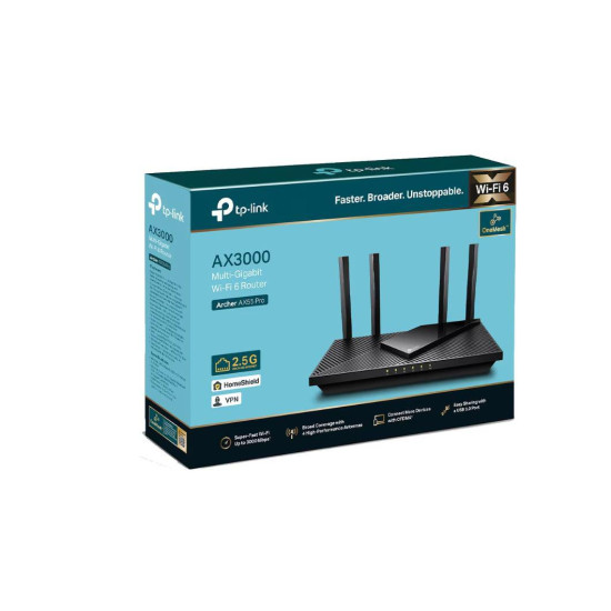 TP-Link Wireless Router, ARCHER AX55 PRO ;dual band AX3000 5 GHz: 2402 Mbps (802.11ax), 2.4 GHz: 574 Mbps(802.11ax), Standard and Protocol: IEEE 802.11ax/ac/n/a 5 GHz, IEEE 802.11ax/n/b/g 2.4 GHz, 4 x Antene Externe fixe, 1× Port WAN/LAN Gigabit de 2.5, 1