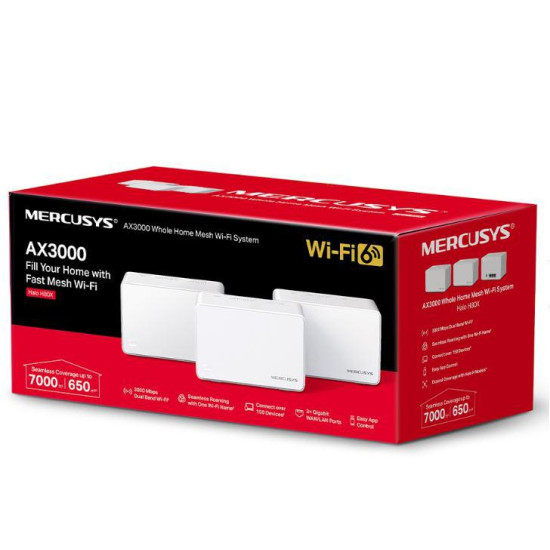 Mercusys AX3000 Whole Home Wi-Fi system HALO H80X(3-PACK),wi-fi 6 Dual-Band, Standarde Wireless: IEEE 802.11ax/ac/n/a 5 GHz, IEEE 802.11ax/n/b/g 2.4 GHz, viteza wireless: 2402 Mbps on 5 GHz, 574 Mbps on 2.4 GHz, Securitate wireless: WPA-PSK/WPA2-PSK/WPA3,