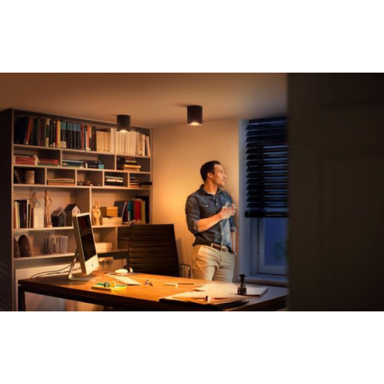 Spot LED Philips Hue Pillar, Bluetooth, GU10, 5W (50W), 350 lm, lumina alba (2200-6500K), IP20, 10.3cm, Metal, Negru, Intrerupator cu variator inclus Spot LED Philips Hue Pillar, Bluetooth, GU10, 5W (50W), 350 lm, lumina alba (2200-6500K), IP20, 10.3cm, Metal, Negru, Intrerupator cu variator inclus