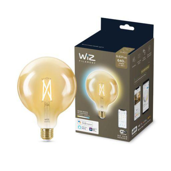 Bec LED inteligent vintage (decorativ) WiZ Connected Filament Gold G125 ,Wi-Fi, E27, 6.7W (50W), 640 lm, lumina alba (2000-5000K), compatibilGoogle Assistant/Alexa/Siri