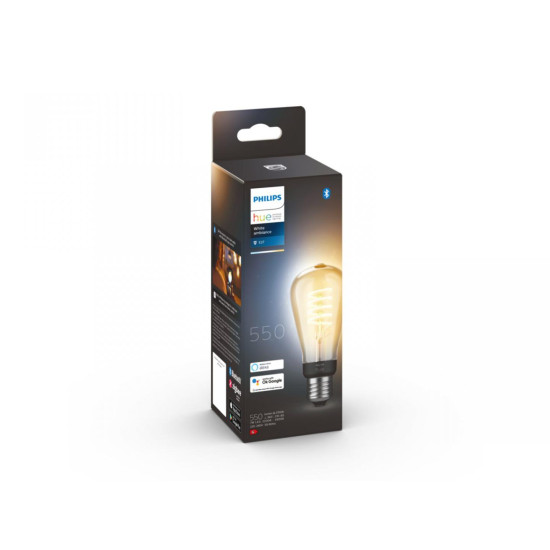 Bec LED inteligent vintage (decorativ) Philips Hue Filament Edison ST64, Bluetooth, E27, 7W (40W), 550 lm, lumina alba (2200-4500K)