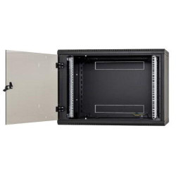 Rack de perete Triton sectiune simpla 9U 600mm adancime usa sticla panouri laterale fixe sectiuni ventilatie activa, sectiuni acces cabluri sus/jos/spate securizare cu cheie, 1 pereche montanti reglabili IP30 negru