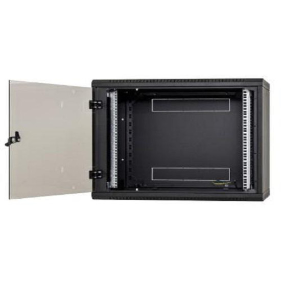 Rack de perete Triton sectiune simpla 9U 600mm adancime usa sticla panouri laterale fixe sectiuni ventilatie activa, sectiuni acces cabluri sus/jos/spate securizare cu cheie, 1 pereche montanti reglabili IP30 negru