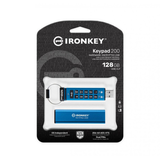 USB Flash Drive Kingston 128GB IronKey Keypad 200, USB 3.2 Gen1, FIPS 140-3 Lvl 3 (Pending) AES-256 Encrypted