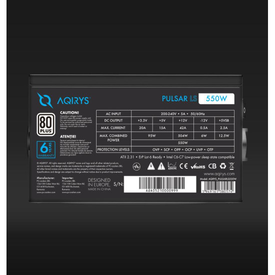 Sursa Aqirys Pulsar LS 550W 80+ White certified, culoare neagra Sursa Aqirys Pulsar LS 550W 80+ White certified, culoare neagra
