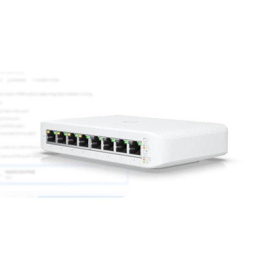 Ubiquiti UniFi 8 port switch, USW-LITE-8-POE, 8 x 10/100/1000 Mbe RJ 45 ports, 4 x POE, 8 Gbps, buget POE: 52W, SMB layer 2 PoE GbE switch, dimensiuni: 99.6 x 163.7 x 31.7 mm.