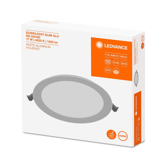 Spot LED incastrat Ledvance DOWNLIGHT SLIM ALU, 17W, 1400 lm, lumina neutra (4000K), IP20, 192x23mm, aluminiu, Alb