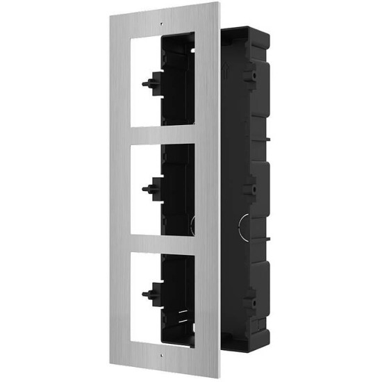 Panou frontal pentru 3 module videointerfon modular Hikvision DS-KD- ACF3/S; permite conectarea a 3 module de videointerfon modular; montare incastrata; material otel inoxidabil, doza de plastic inclusa; dimensiuni:337.8mm x 124mm x 4mm;