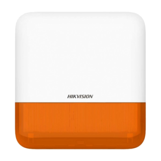 Sirene de exterior wireless AXPRO Hikvision DS-PS1-E-WE(Orange Indicator), frecventa de operare: 868 MHz, comunicare bidirectionala Tri-X wireless protocol, distanta de comunica RF: 1600metri, criptare: AES-128, 2 x tamper, Strobe light BLUE, nivel sonor: