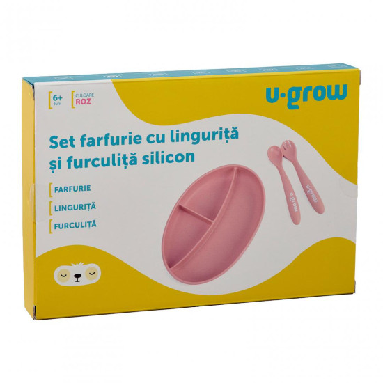 Set farfurie si lingurita silicon, roz Set farfurie si lingurita silicon, roz