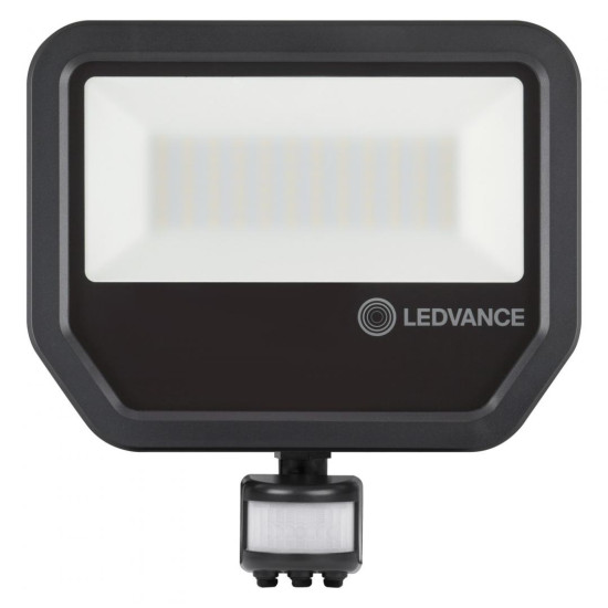 Proiector LED cu senzor de miscare si lumina Ledvance FLOODLIGHT PERFORMANCE, 50W, 100-277V, 6000 lm, lumina neutra (4000K), IP65/IK07, 225x219x59mm, aluminiu, Negru