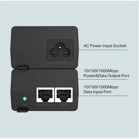 TP-Link, PoE+ Injector, TL-POE160S, Standarde si protocoale: IEEE802.3i, IEEE802.3u, IEEE802.3ab, IEEE802.3af, IEEE802.3at, interfata: 1 10/100/1000Mbps RJ45 data-in port, 1 10/100/1000Mbps RJ45 power+data-out port, Dimensiuni: 125 × 59.4 × 36.8 mm.