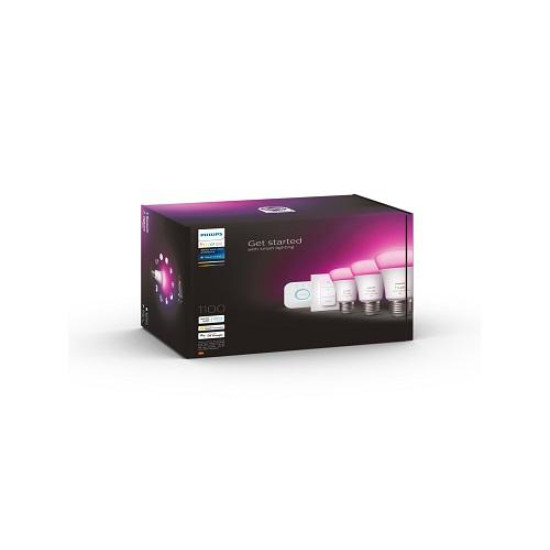 Pachet 3 Becuri LED RGB inteligente Philips Hue A60, Bluetooth, E27, 9W (75W), 1100 lm, lumina alba si color (2000-6500K) + Consola Hue Bridge + Intrerupator cu variator