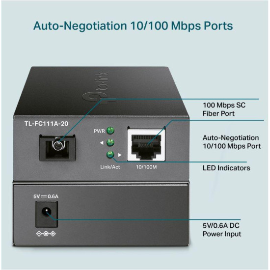 TP-LINK 10/100 WDM Media Converter, Standarde si protocoale: IEEE802.3, IEEE802.3i, IEEE802.3u, Interfata: 1× 100 Mbps SC Fiber Port, 1× 10/100 Mbps RJ45 Port (Auto MDI/MDIX), Dimensiuni: 94.5*73*27 mm,