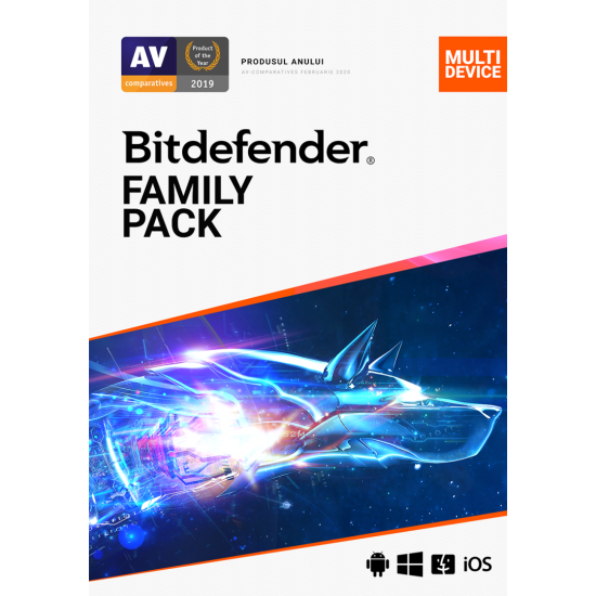 Licenta retail Bitdefender Family Pack - protectie anti-malwarecompleta pentru toata familia, disponibila pentru Windows, macOS, iOS si Android, valabila pentru 1 an, 15 dispozitive, new.