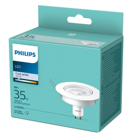 Bec LED spot Philips, GU10, 3W (35W), 250 lm, lumina neutra (4000K), 9cm, Alb Bec LED spot Philips, GU10, 3W (35W), 250 lm, lumina neutra (4000K), 9cm, Alb