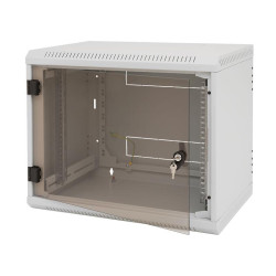 Rack de perete Triton sectiune simpla 6U 500mm adancime usa sticla panouri laterale fixe sectiuni ventilatie activa, sectiuni acces cabluri sus/jos/spate securizare cu cheie, 1 pereche montanti reglabili IP30 gri