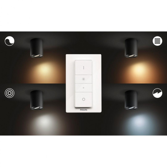 Spot LED Philips Hue Pillar, Bluetooth, GU10, 5W (50W), 350 lm, luminaalba (2200-6500K), IP20, 10.3cm, Metal, Negru, Intrerupator cu variator inclus Spot LED Philips Hue Pillar, Bluetooth, GU10, 5W (50W), 350 lm, luminaalba (2200-6500K), IP20, 10.3cm, Metal, Negru, Intrerupator cu variator inclus