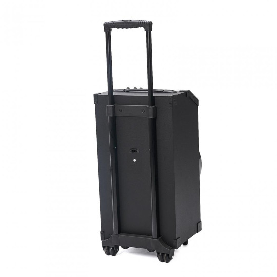 Boxa trolley Serioux, putere totala 130W RMS, conectivitate: Bluetooth, USB, SD, radio FM, AUX, PC in, port micron + chitara, Display LED, Baterie reincarcabila 7200mAh, microfon inclus, dimensiuni: 320x330x630 mm, greutate: 14.5kg, culoare: negru