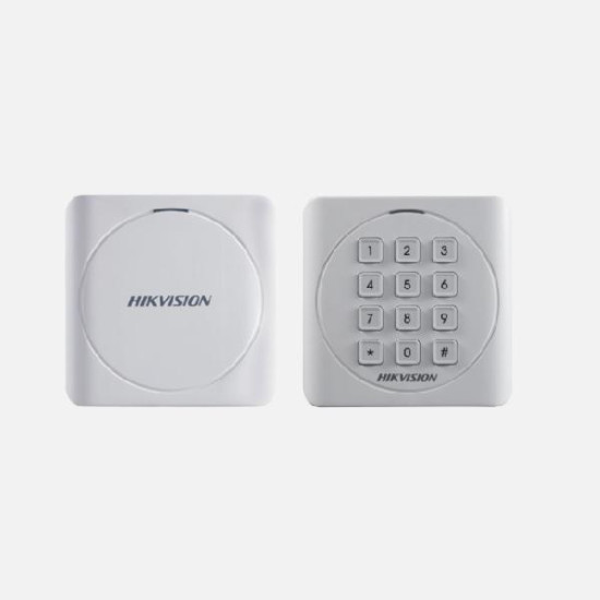 Cititor card Hikvision DS-K1801E, citeste carduri RFID EM 125Khz, distanta citire: 50mm, comunicare: Wiegand 26/34 protocol, indicator LED de stare si alimentare; alimentare: 12VDC, IP65, dimensiuni: 87 × 87 × 13.3mm