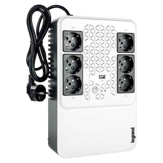 UPS Legrand MULTIPLUG 600, 600VA/360W, 6x German standard sockets, USB charger, baterie 1x 12V 7.2Ah, 230V, tehnologie Line interactiv, dimensiuni 190 x 89.5 x 296mm