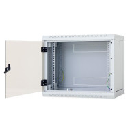 Rack de perete Triton sectiune simpla 15U 600mm adancime usa sticla panouri laterale detasabile, sectiuni acces cabluri sus/jos/spate securizare cu cheie, 1 pereche montanti reglabili, fabricat din tabla galvanizata IP30 gri