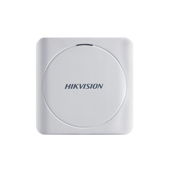 Cititor card Hikvision DS-K1801M, citeste carduri RFID Mifare, distanta citire: 50mm, comunicare: Wiegand 26/34 protocol, indicator LED de stare si alimentare; alimentare: 12VDC, IP65, dimensiuni: 87 × 87 × 13.3mm