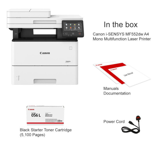 Canon MF552DW, Multifunctional laser mono dimensiune A4, viteza printare 43 ppm, Print,Copy,Scan,  Duplex, rezolutie: 1200 x 1200 dpi, FPO: 5.7 sec, Procesor 800Mhz, Memorie RAM 1GB, Limbaje de printare: UFRII, PCL 5e2, PCL6, Adobe® PostScript3, Viteza co