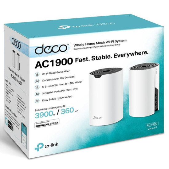 TP-Link Sistem Mesh Wi-Fi pentru întreaga casă AC1900, DECO S7(2- PACK);WI-FI 5, Standarde wireless: IEEE 802.11ac/n/a 5 GHz, IEEE 802.11n/b/g 2.4 GHz, viteza wireless: 5 GHz: 1300 Mbps, 2.4 GHz: 600 Mbps, 3 x antene interne, MU-MIMO, Mod Router, Mod Acce