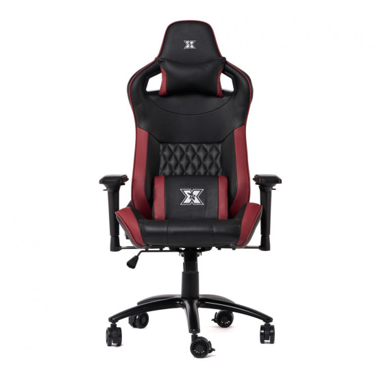 Scaun gaming X by Serioux, Theon, ajustabil, piele sintetica, piston pe gaz, manere reglabile, baza stea cu 5 picioare, greutate maxima admisa 150Kg, perne detasabile, negru/burgundy