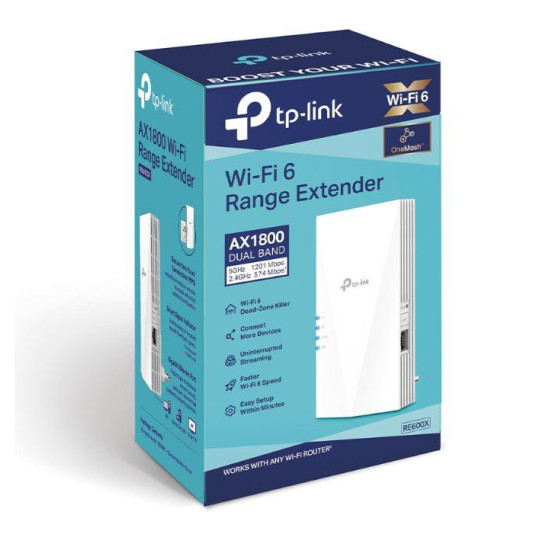 TP-link AX1800 Wi-Fi6 Range Extender, RE600X, Dual-Band, Standarde wireless: IEEE 802.11a/n/ac/ax 5GHz, IEEE 802.11b/g/n/ax 2.4GHz, interfata: 1 x 10/100/1000, Dimensiuni: 78×36×149 mm, 2 x antene interne, viteza wireless: 574 Mbps la 2.4GHz, 1201 Mbps la