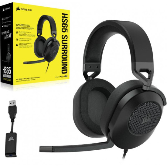 Casti Gaming cu microfon Corsair HS65 Surround, Dolby Audio 7.1, Over- head, 20Hz - 20 kHz, 32k Ohms @ 1 kHz, Lungime cablu: 1.8m, adaptor 3.5mm la USB, carbon Casti Gaming cu microfon Corsair HS65 Surround, Dolby Audio 7.1, Over- head, 20Hz - 20 kHz, 32k Ohms @ 1 kHz, Lungime cablu: 1.8m, adaptor 3.5mm la USB, carbon