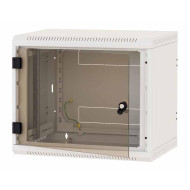 Rack de perete Triton sectiune simpla 12U 600mm adancime usa sticla panouri laterale fixe sectiuni ventilatie activa, sectiuni acces cabluri sus/jos/spate securizare cu cheie, 1 pereche montanti reglabili IP30 gri