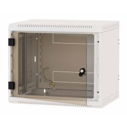 Rack de perete Triton sectiune simpla 12U 600mm adancime usa sticla panouri laterale fixe sectiuni ventilatie activa, sectiuni acces cabluri sus/jos/spate securizare cu cheie, 1 pereche montanti reglabili IP30 gri