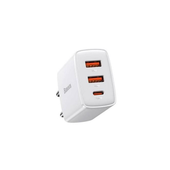 INCARCATOR retea Baseus Compact, Quick Charge 30W, 2 x USB 5V/3A, 1 x USB Type-C 5V/3A, alb