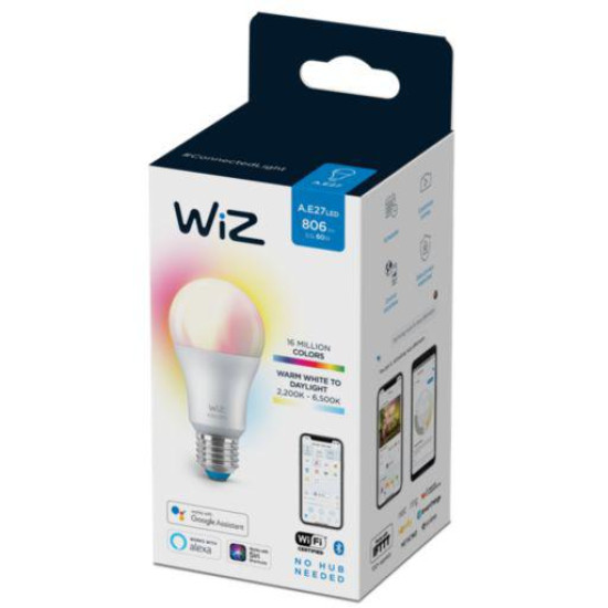 Bec LED RGB inteligent WiZ Connected Colors A60, Wi-Fi, E27, 8W (60W), 806 lm, lumina alba si color (2200-6500K), compatibil Google Assistant/Alexa/Siri Bec LED RGB inteligent WiZ Connected Colors A60, Wi-Fi, E27, 8W (60W), 806 lm, lumina alba si color (2200-6500K), compatibil Google Assistant/Alexa/Siri